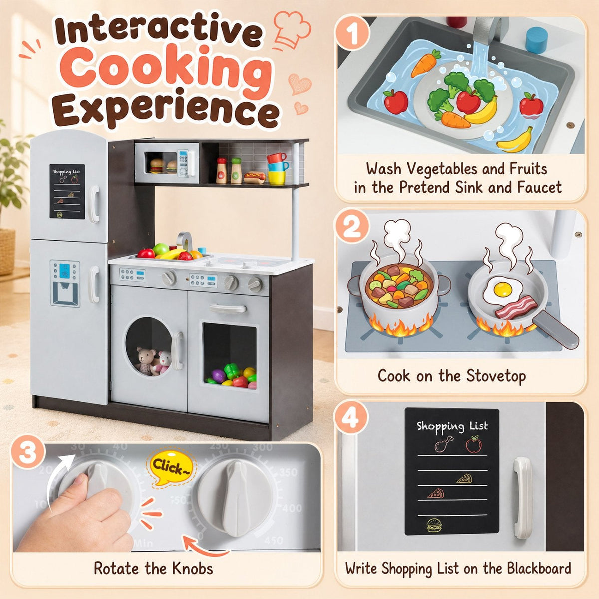 Grey Wooden Play Kitchen with Fridge, Washing Machine and Shopping List Board