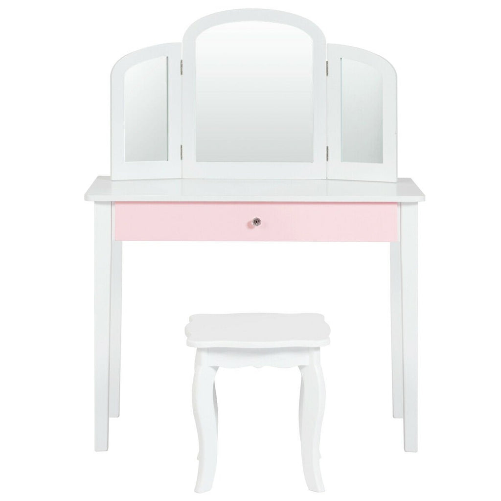 Kids Princess Make Up Dressing Table with Tri-folding Mirror and Chair-White