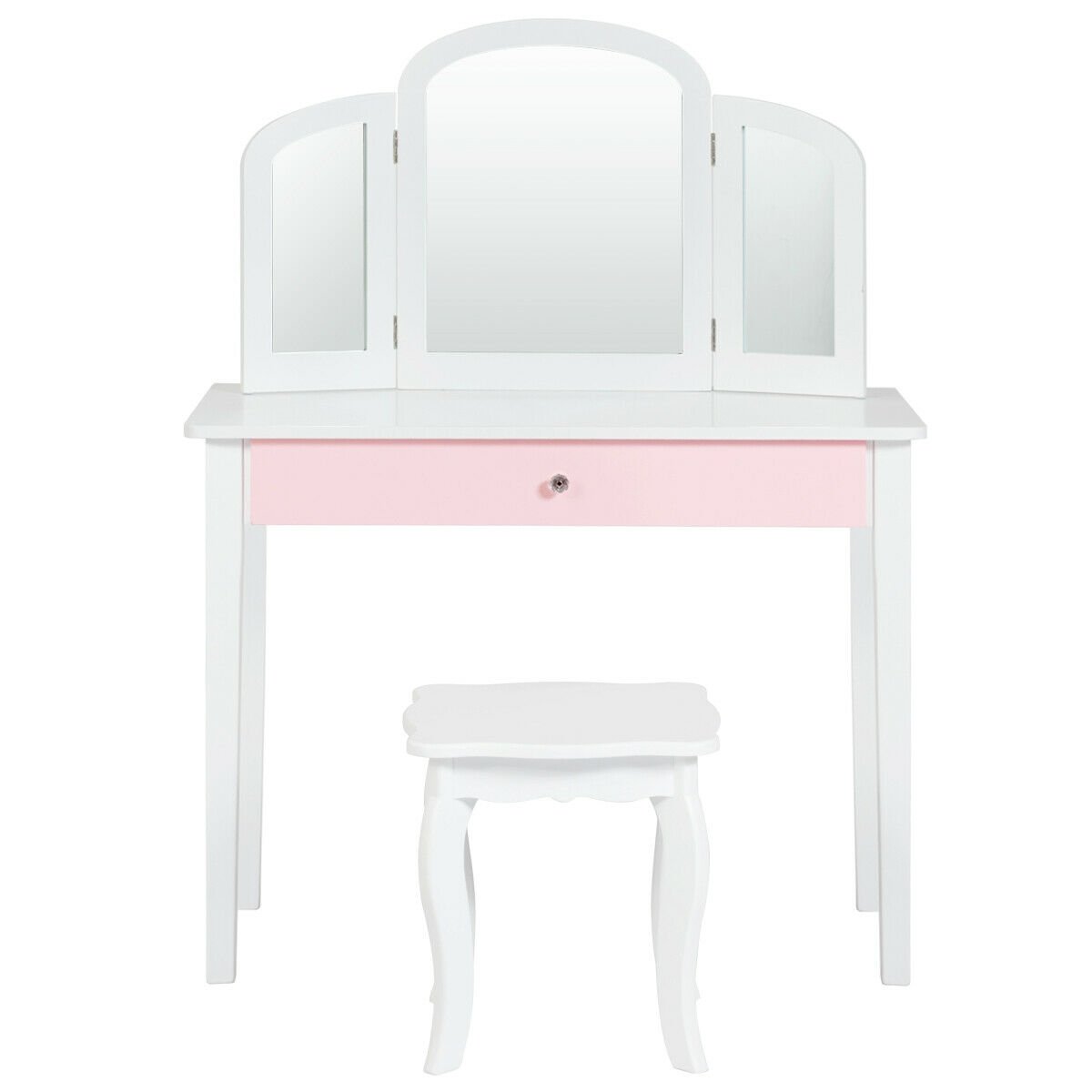 Kids Princess Make Up Dressing Table with Tri-folding Mirror and Chair-White