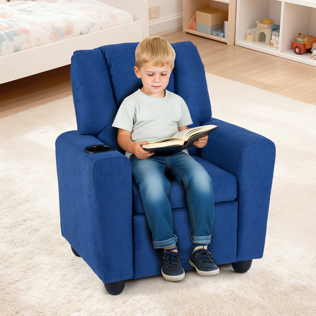 Kids Recliner Chair Push Back Toddler Reclining Armchair with Cup Holder-Blue