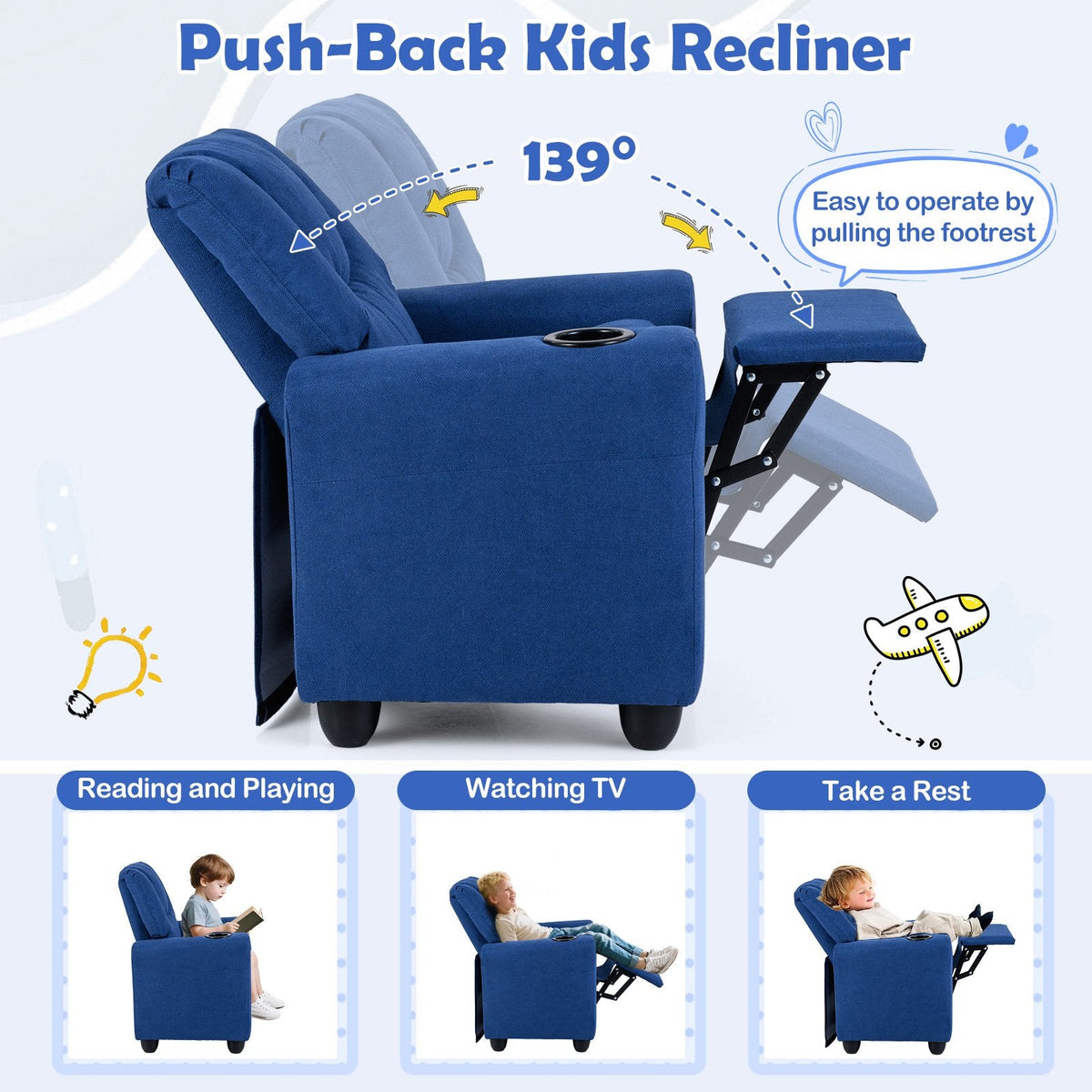 Kids Recliner Chair Push Back Toddler Reclining Armchair with Cup Holder-Blue