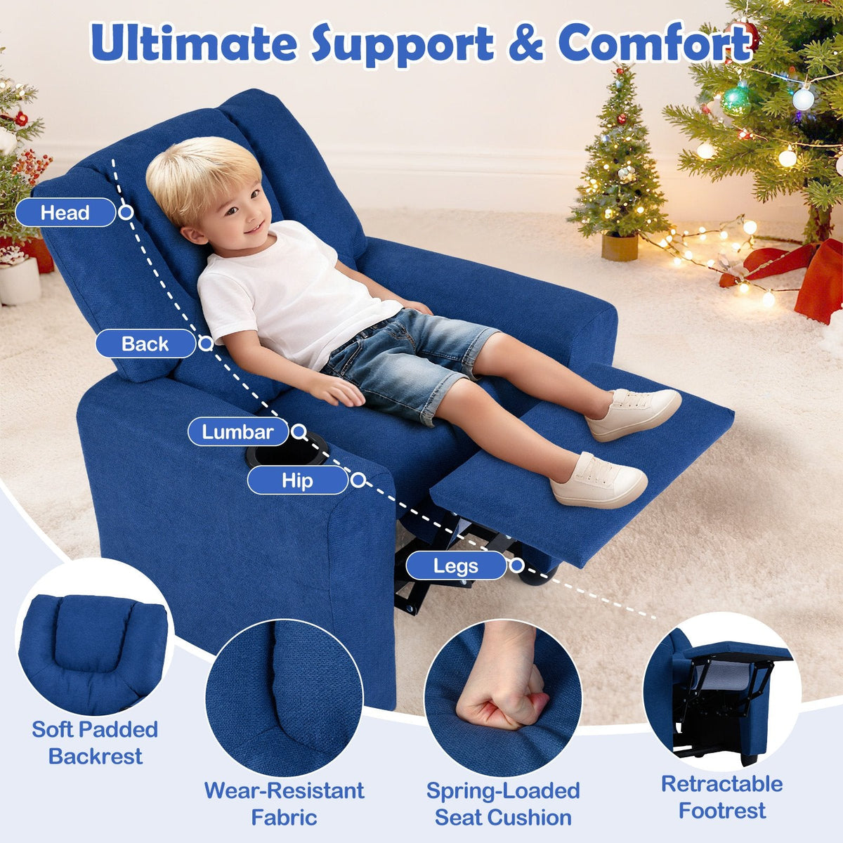 Kids Recliner Chair Push Back Toddler Reclining Armchair with Cup Holder-Blue