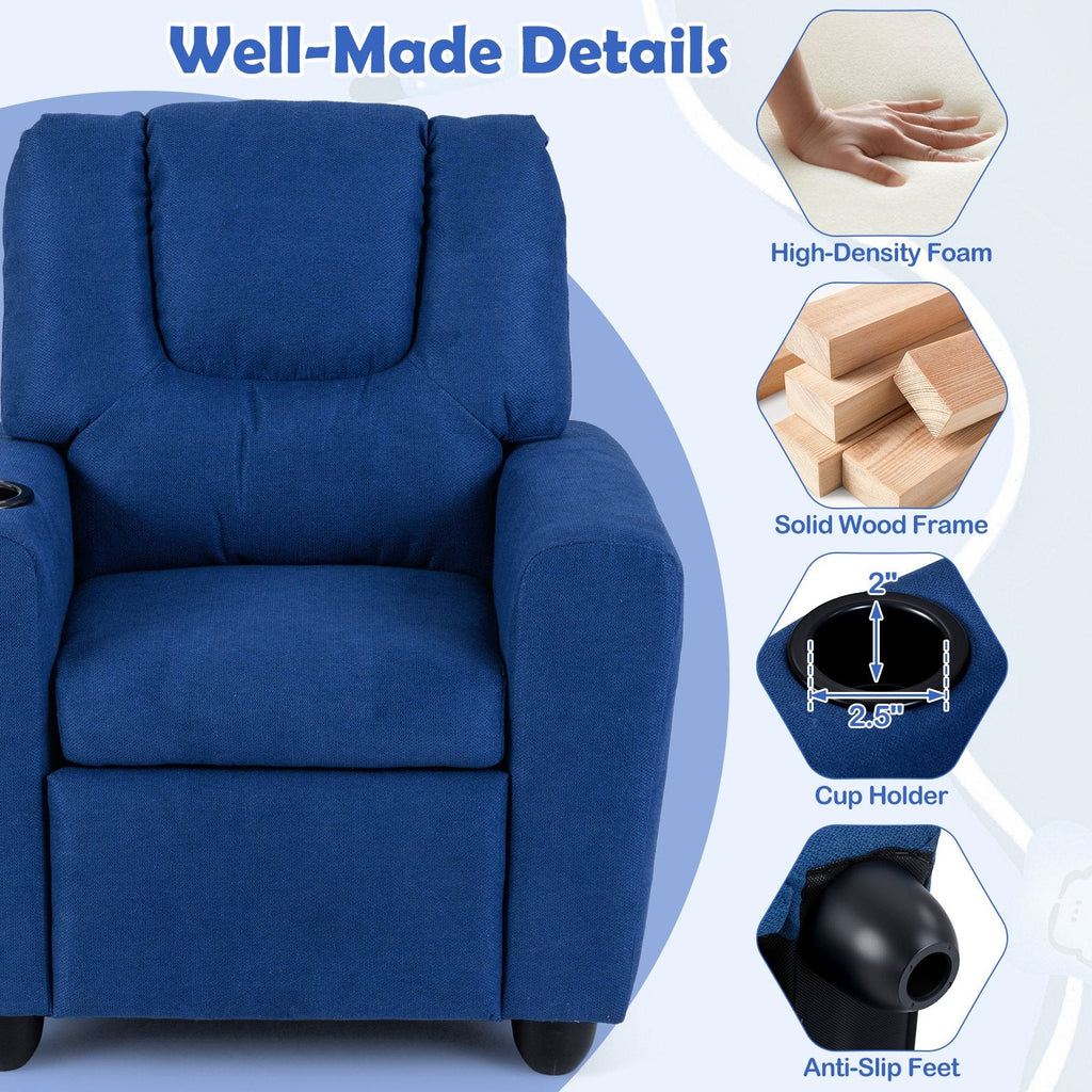 Kids Recliner Chair Push Back Toddler Reclining Armchair with Cup Holder-Blue