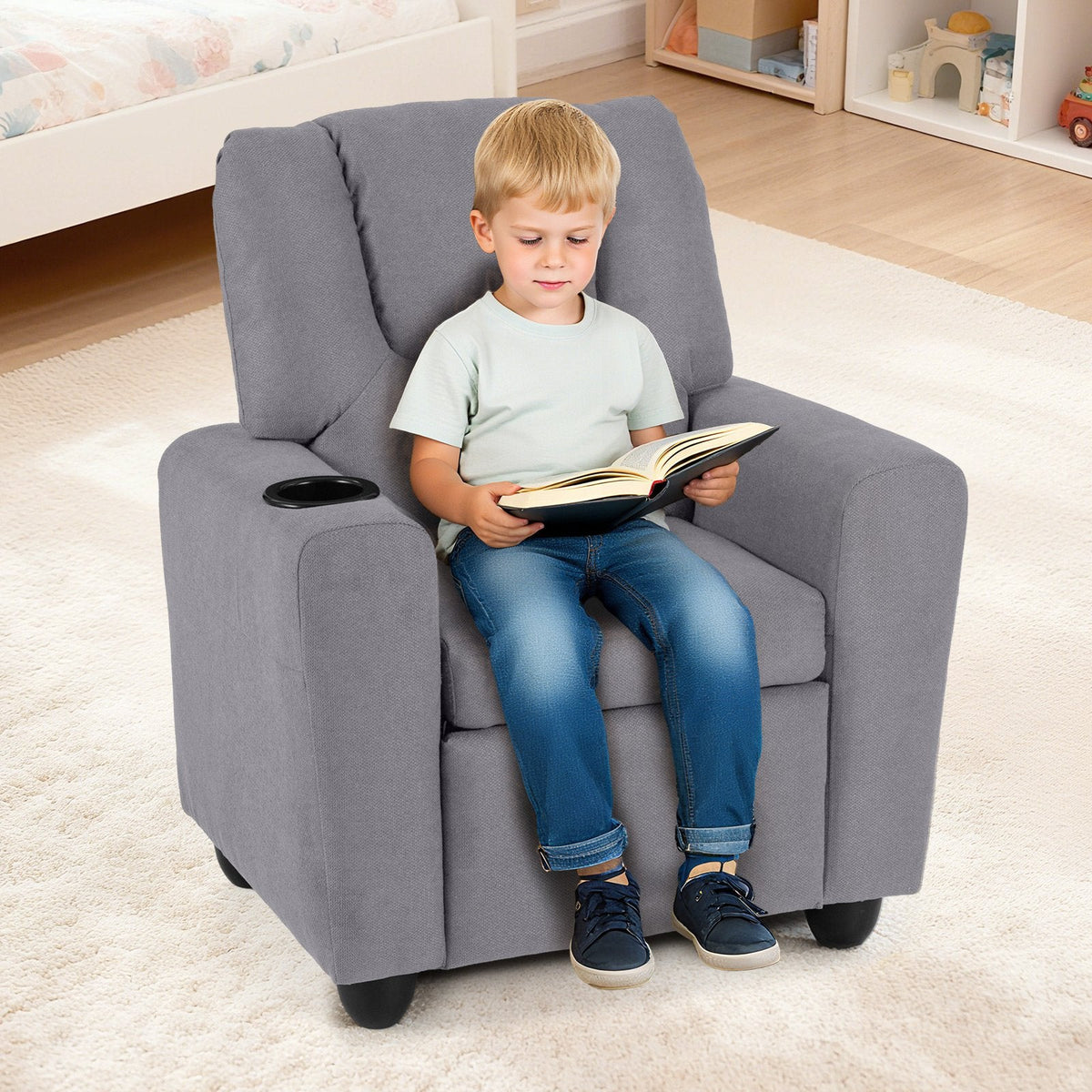 Kids Recliner Chair Push Back Toddler Reclining Armchair with Cup Holder-Grey