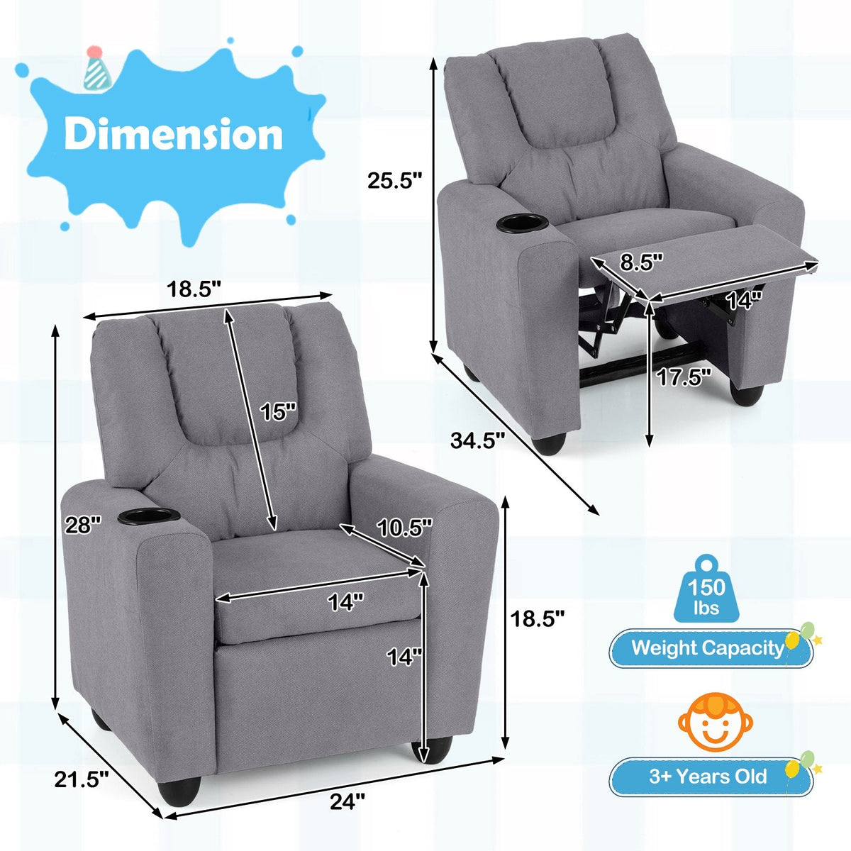 Kids Recliner Chair Push Back Toddler Reclining Armchair with Cup Holder-Grey