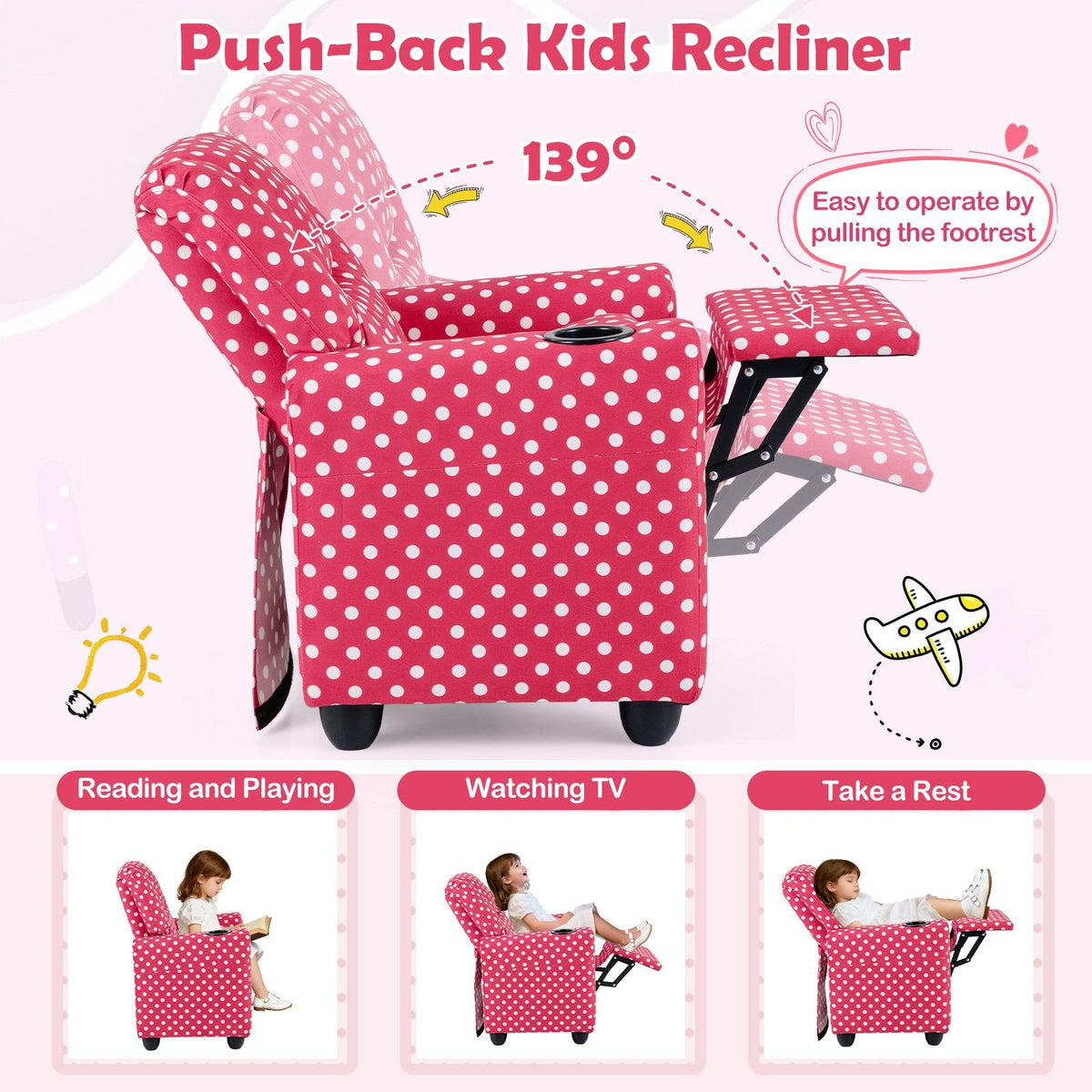 Kids Recliner Chair Push Back Toddler Reclining Armchair with Cup Holder-Red