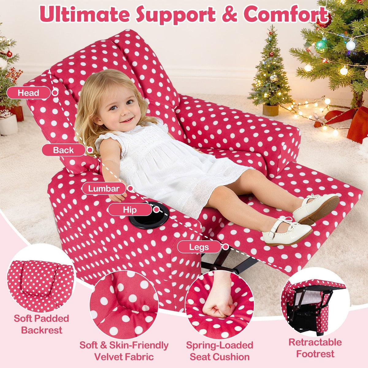 Kids Recliner Chair Push Back Toddler Reclining Armchair with Cup Holder-Red