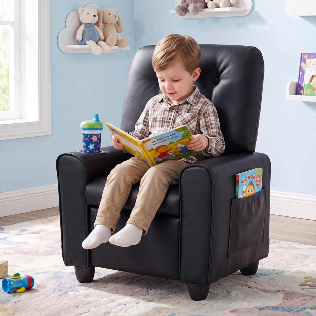 Kids Recliner with Cup Holder & Armrests and Adjustable Backrest Footrest-Black