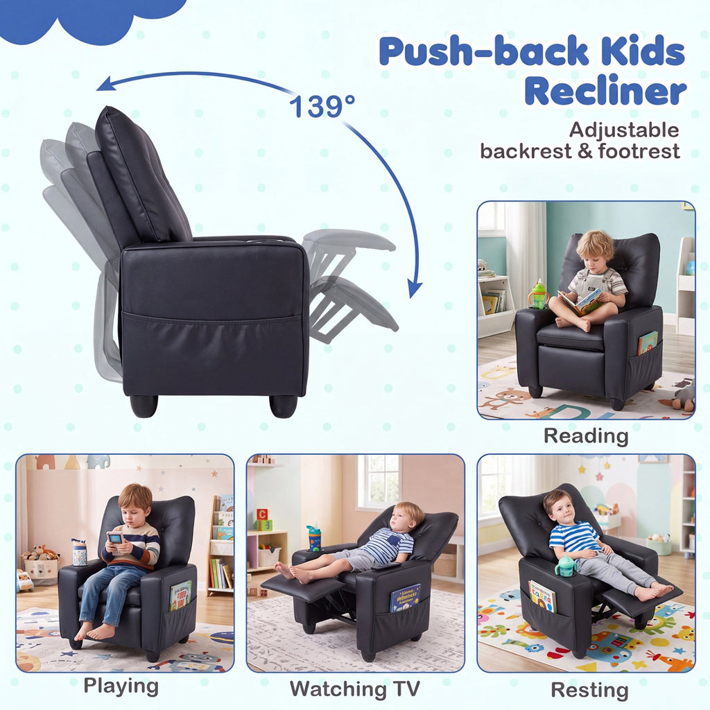 Kids Recliner with Cup Holder Armrests and Adjustable Backrest for Playroom-Black