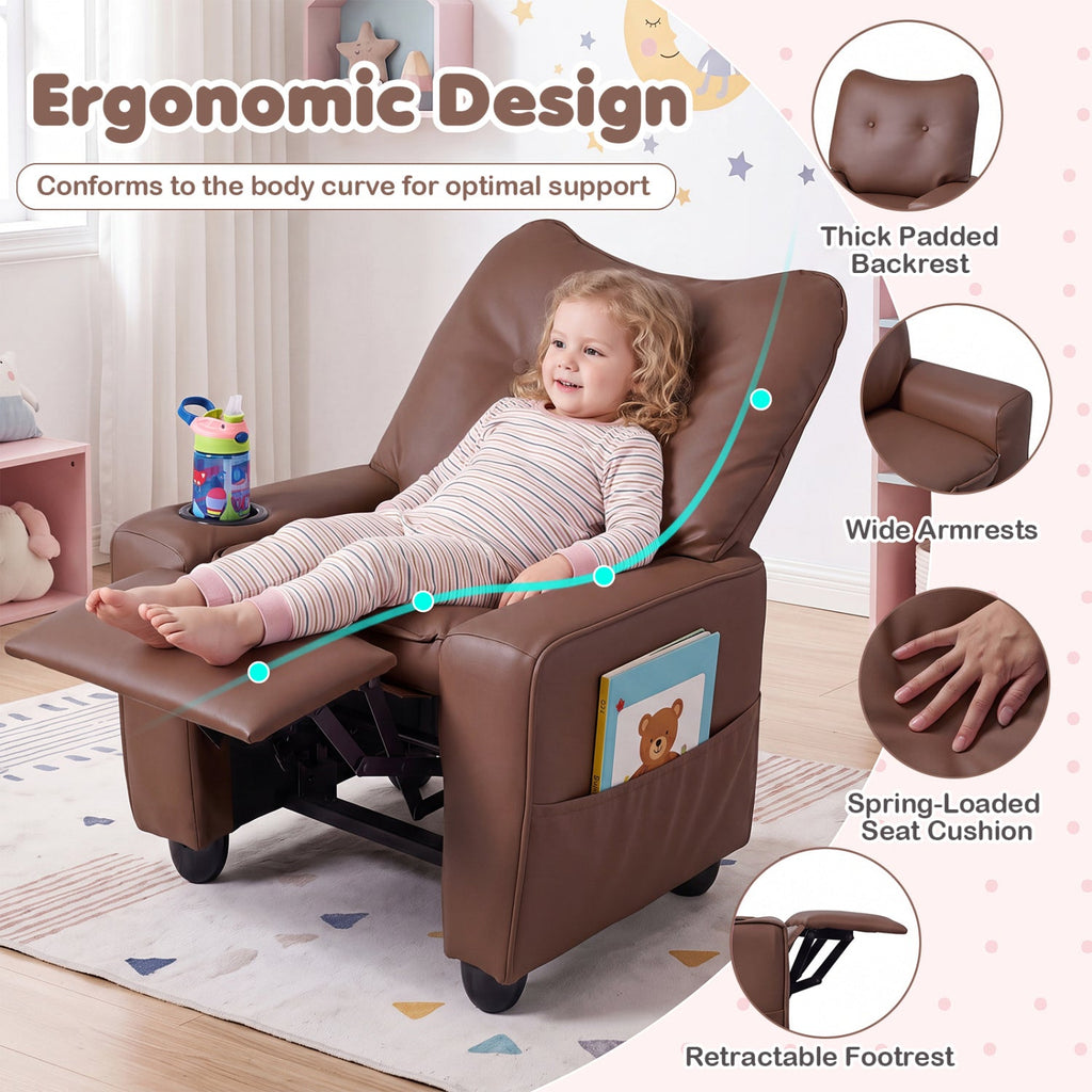 Kids Recliner with Cup Holder Armrests and Adjustable Backrest for Playroom-Brown