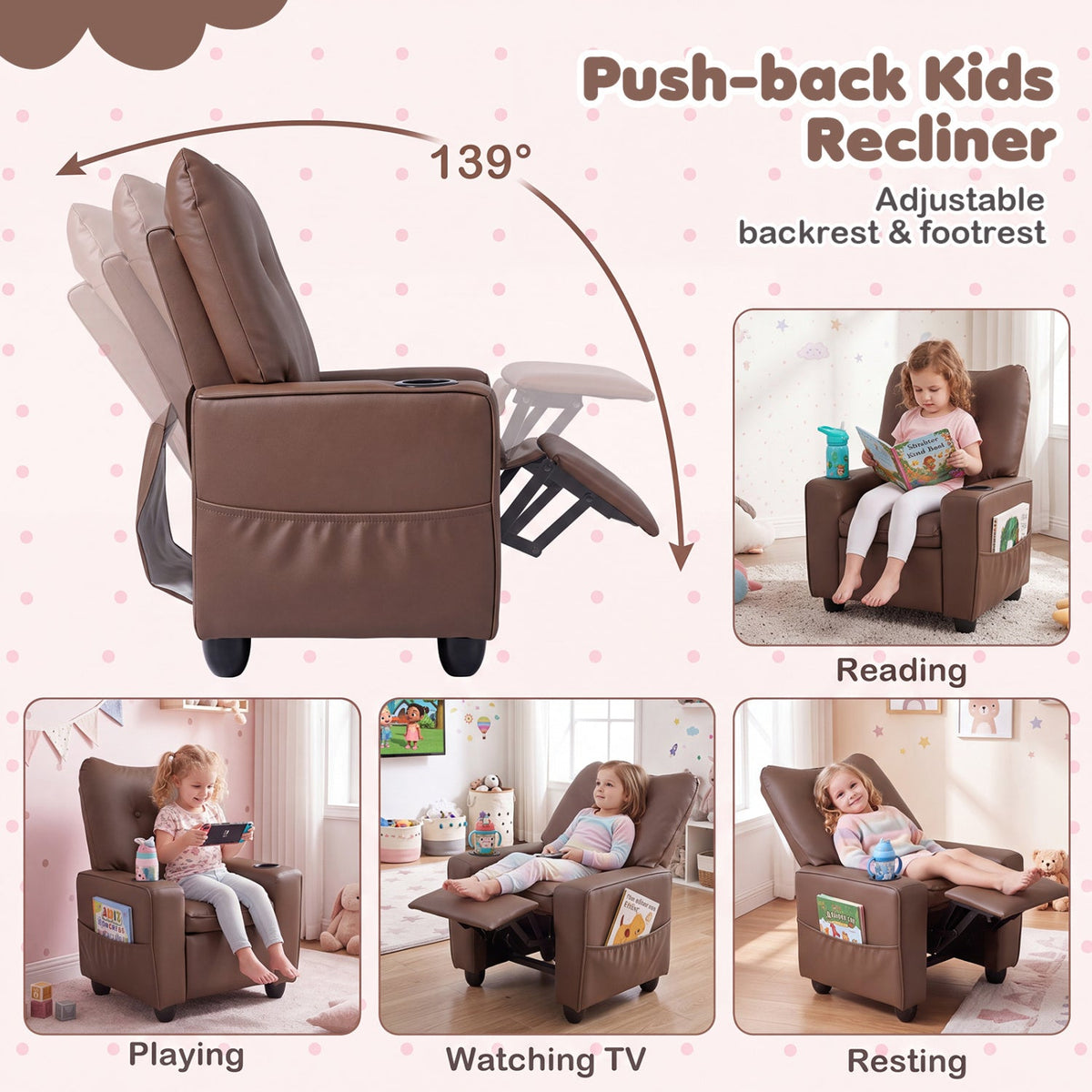 Kids Recliner with Cup Holder Armrests and Adjustable Backrest for Playroom-Brown