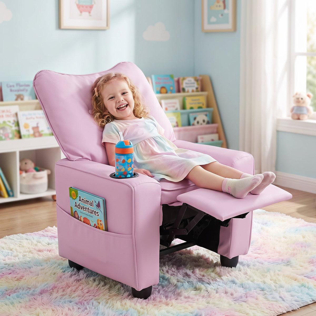 Kids Recliner with Cup Holder & Armrests and Adjustable Backrest for Playroom-Pink