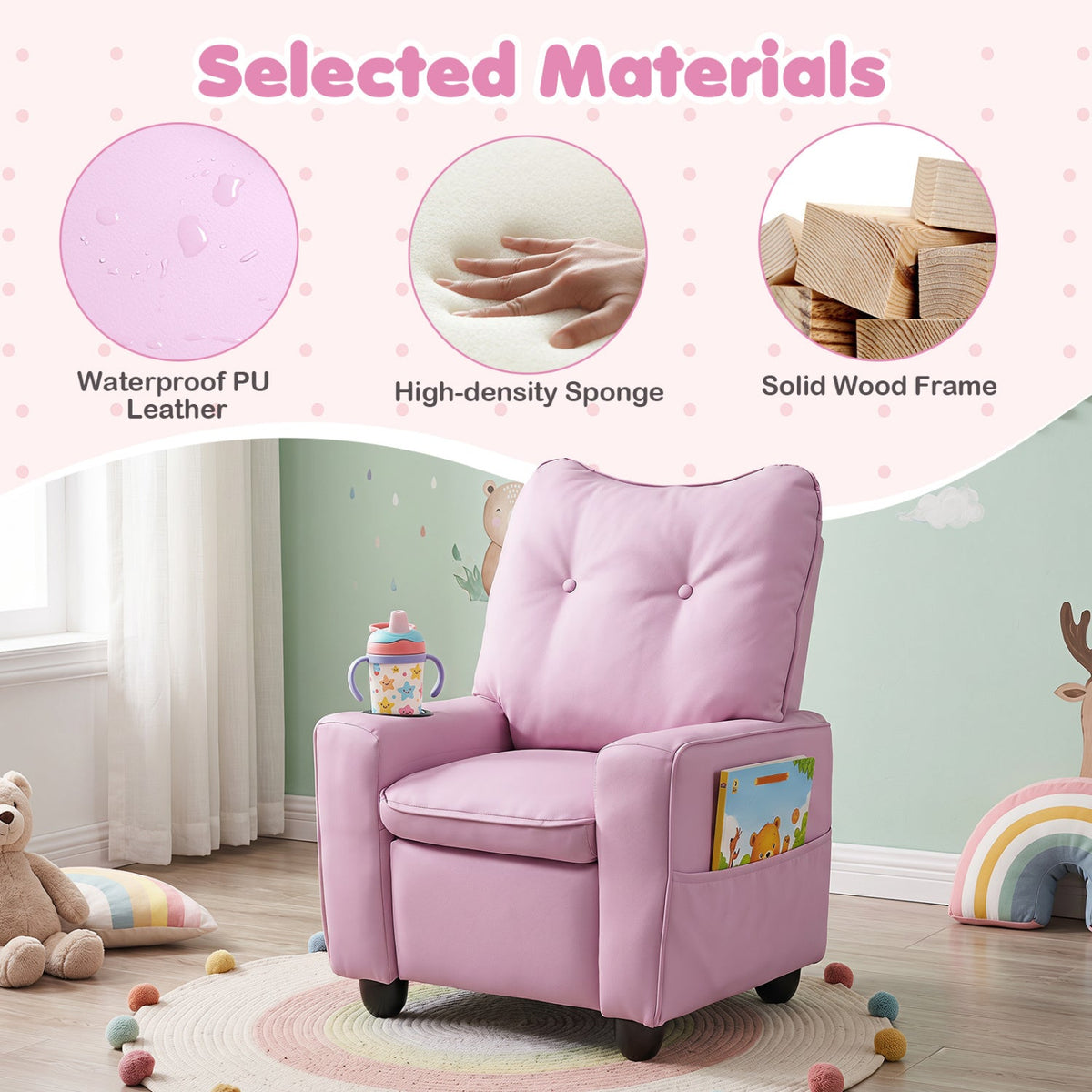 Kids Recliner with Cup Holder & Armrests and Adjustable Backrest for Playroom-Pink