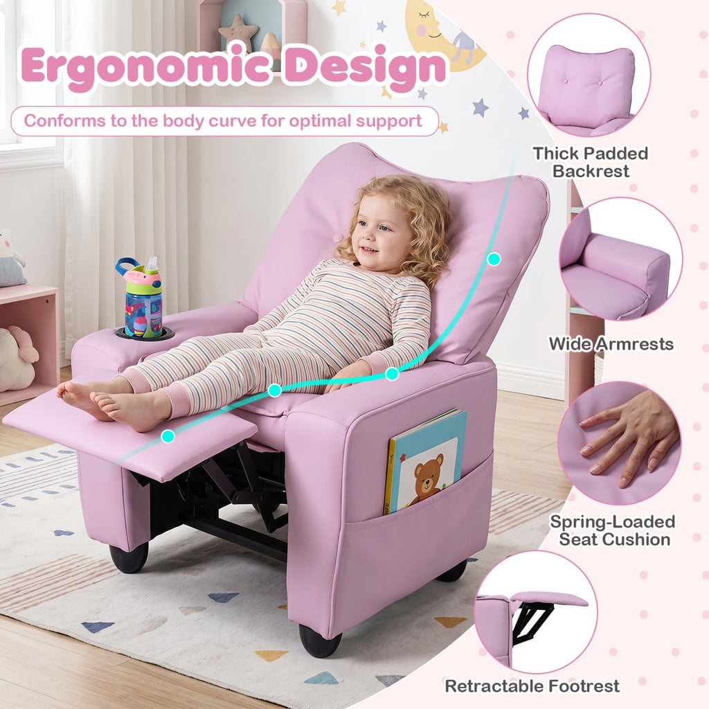 Kids Recliner with Cup Holder & Armrests and Adjustable Backrest for Playroom-Pink
