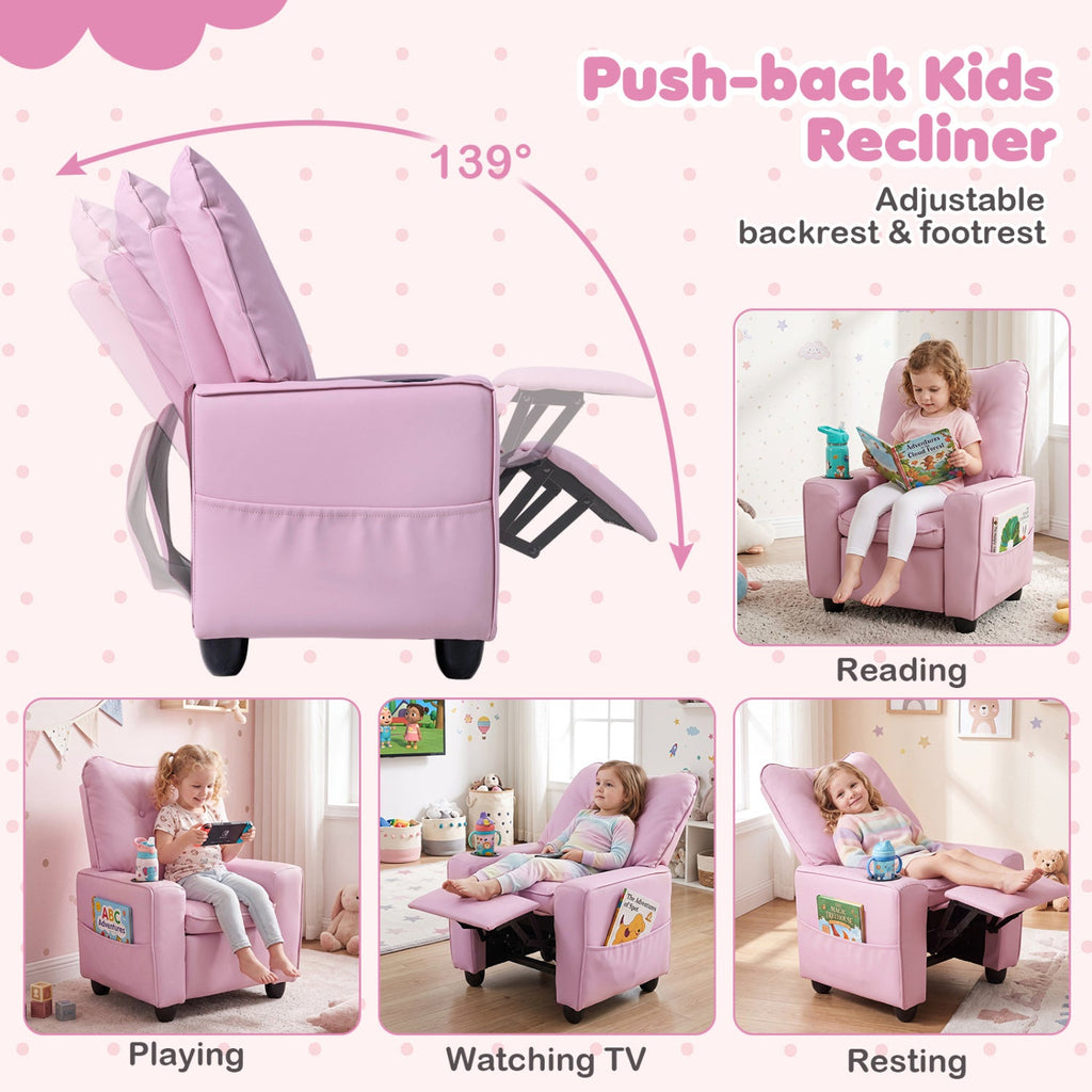 Kids Recliner with Cup Holder & Armrests and Adjustable Backrest for Playroom-Pink