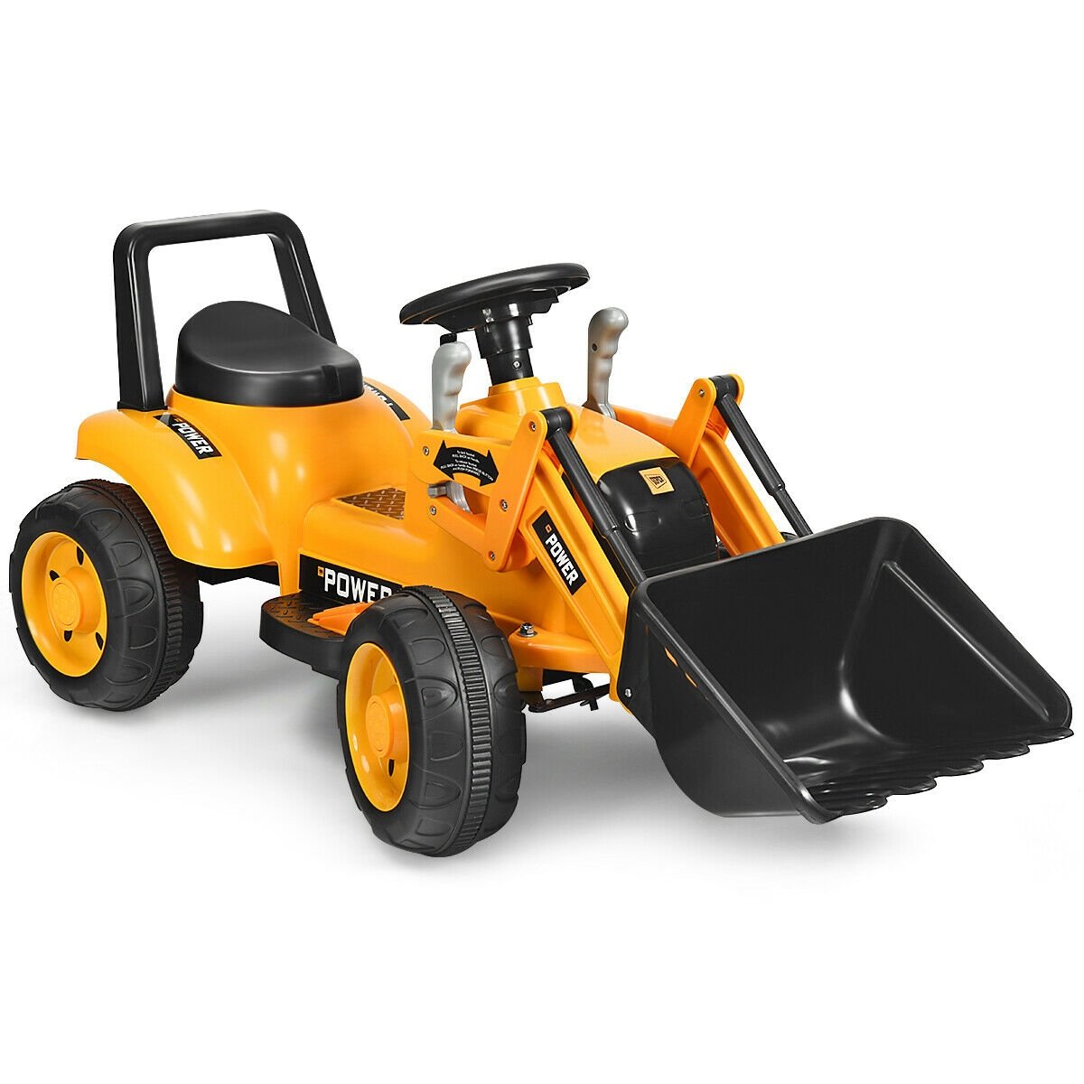 6V Kids Ride On Front Loader Excavator with Two Lifting Arms and Roll Bar, Yellow