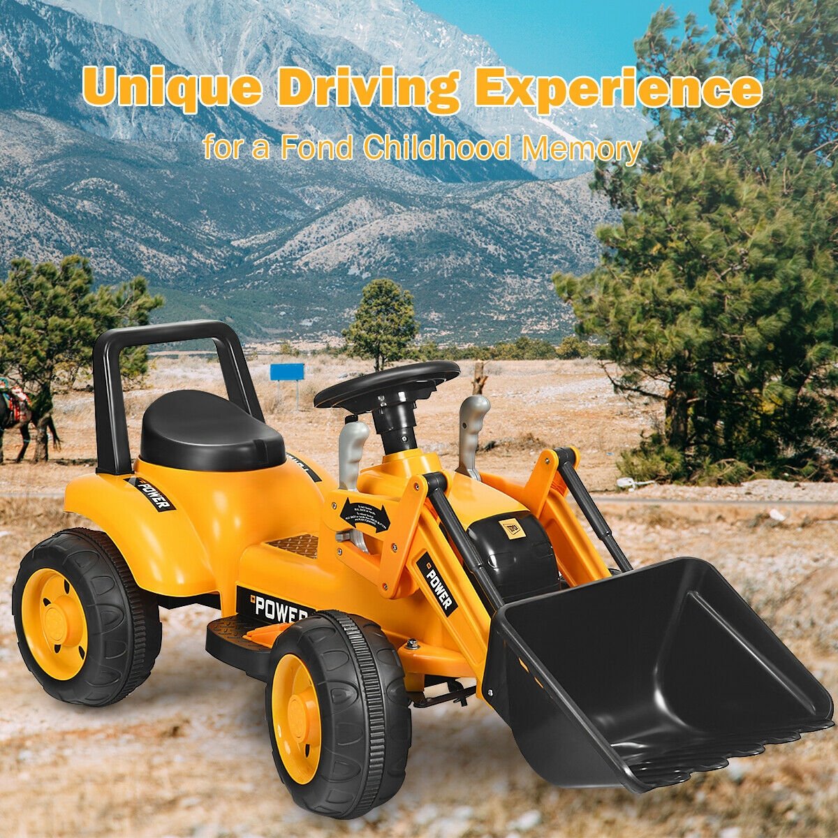 6V Kids Ride On Front Loader Excavator with Two Lifting Arms and Roll Bar, Yellow