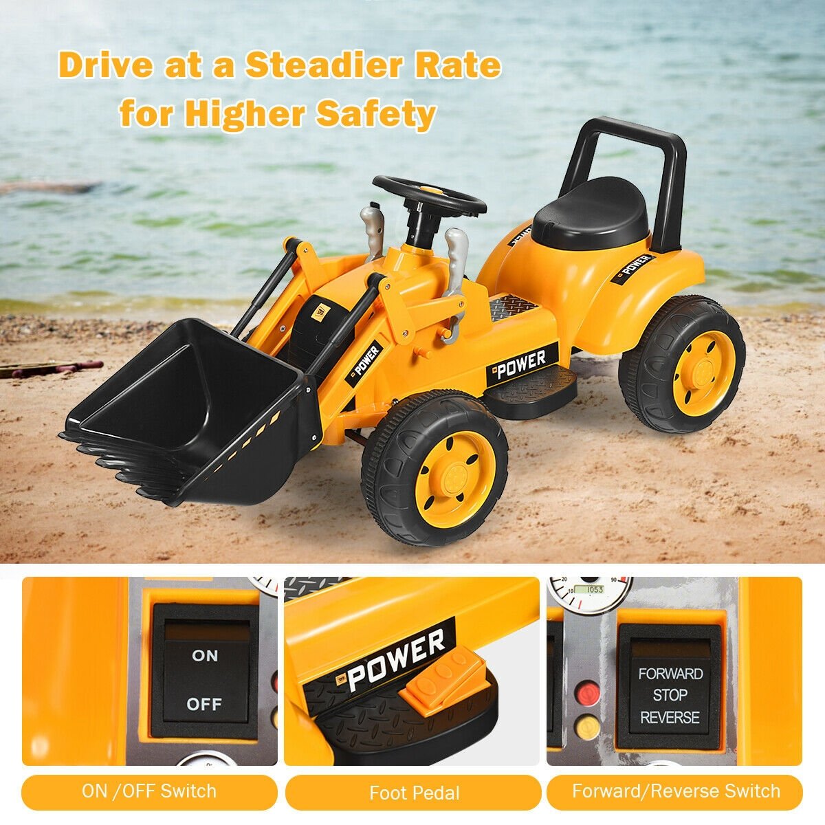 6V Kids Ride On Front Loader Excavator with Two Lifting Arms and Roll Bar, Yellow