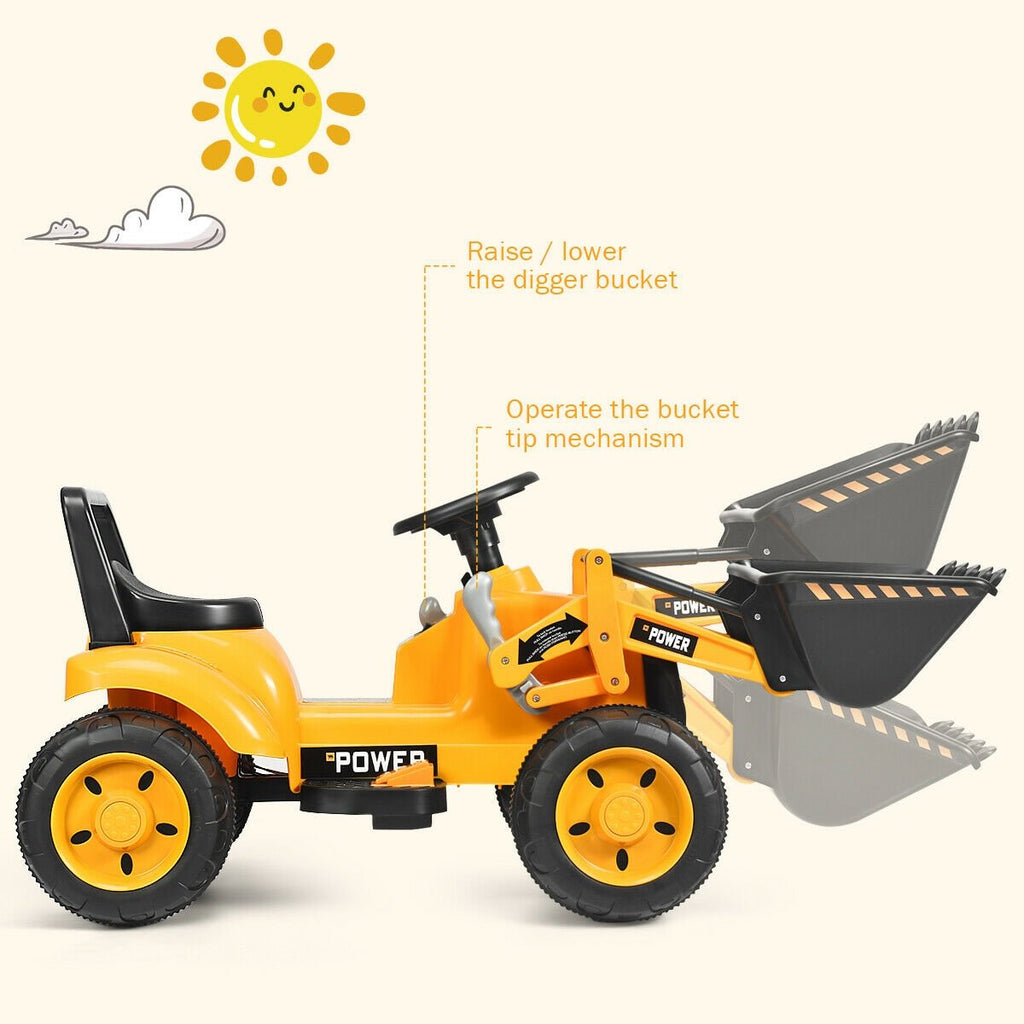 6V Kids Ride On Front Loader Excavator with Two Lifting Arms and Roll Bar, Yellow