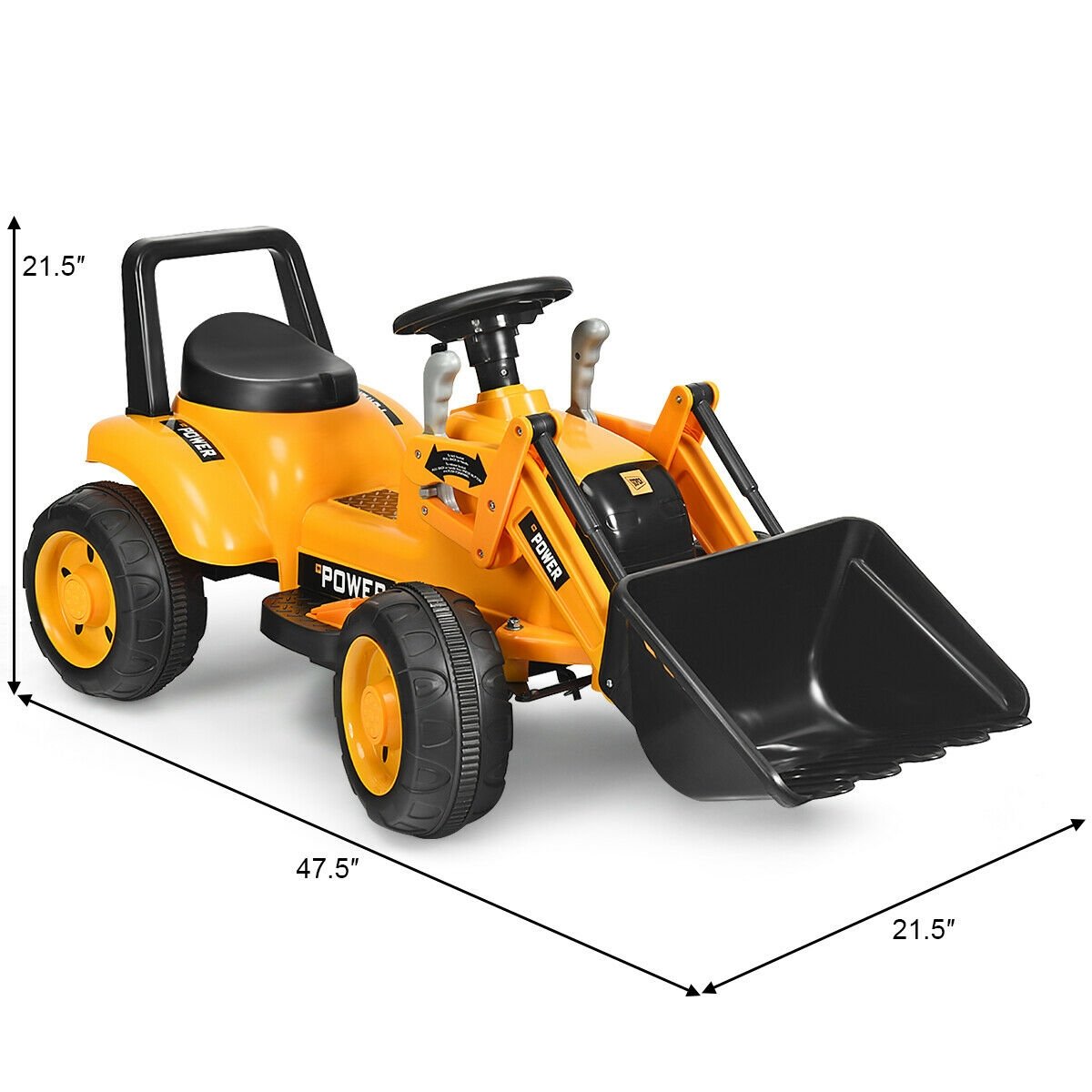 6V Kids Ride On Front Loader Excavator with Two Lifting Arms and Roll Bar, Yellow