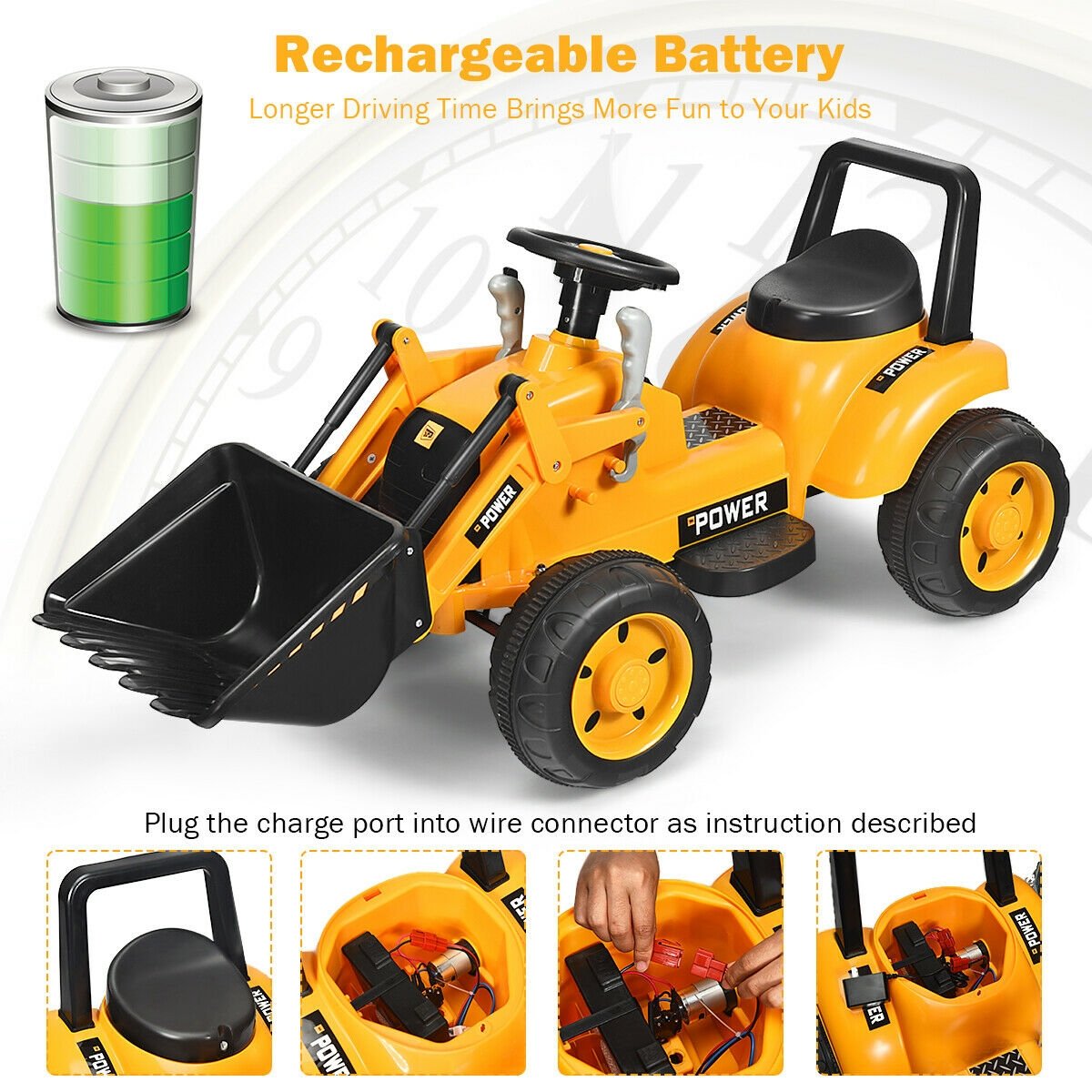 6V Kids Ride On Front Loader Excavator with Two Lifting Arms and Roll Bar, Yellow