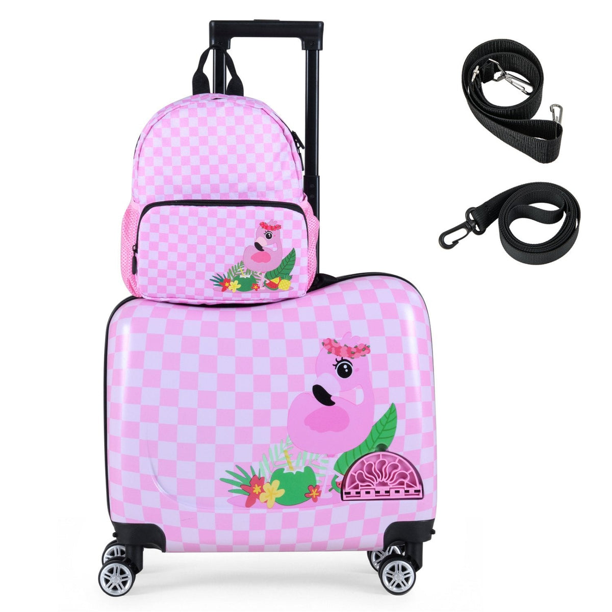 Kids Ride-on Suitcase and Backpack Set with Lanyard for Travel-Pinkandwhite