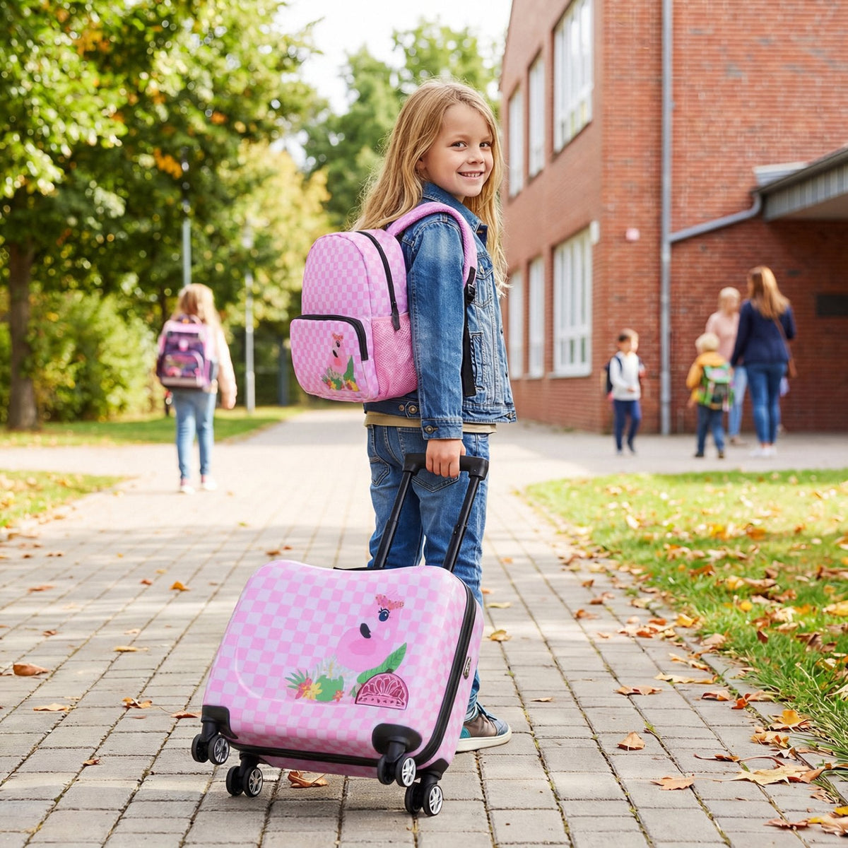 Kids Ride-on Suitcase and Backpack Set with Lanyard for Travel-Pinkandwhite