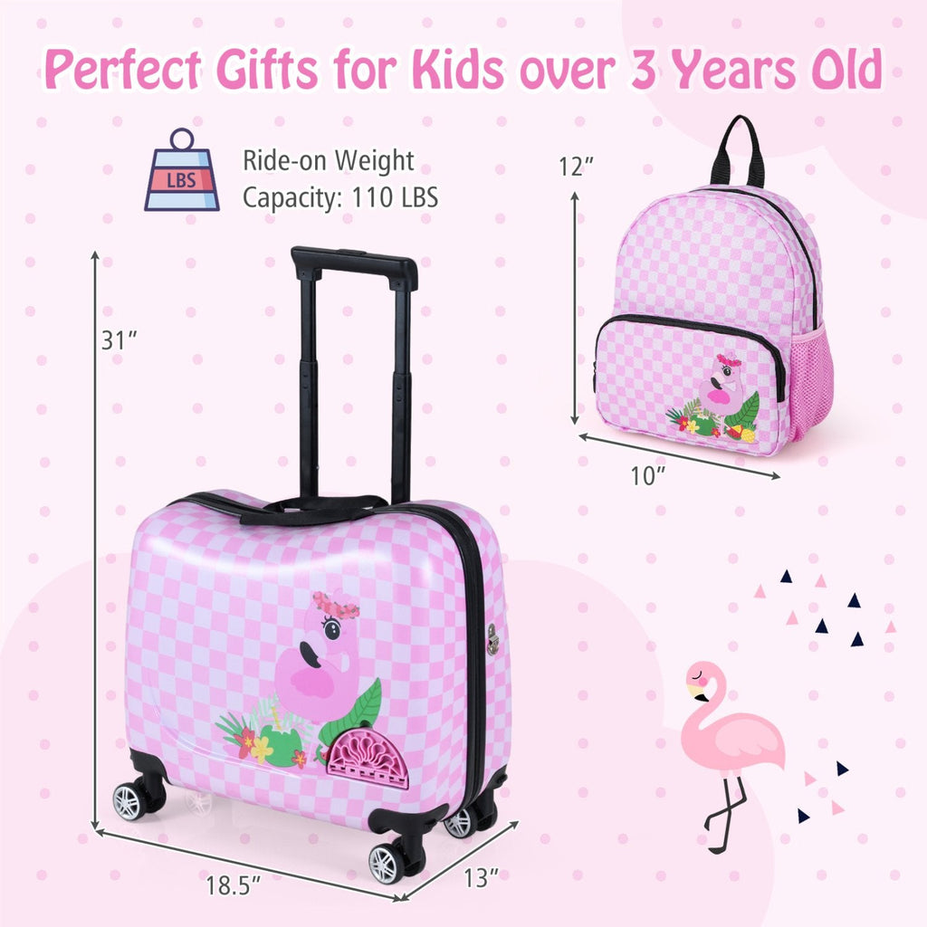 Kids Ride-on Suitcase and Backpack Set with Lanyard for Travel-Pinkandwhite