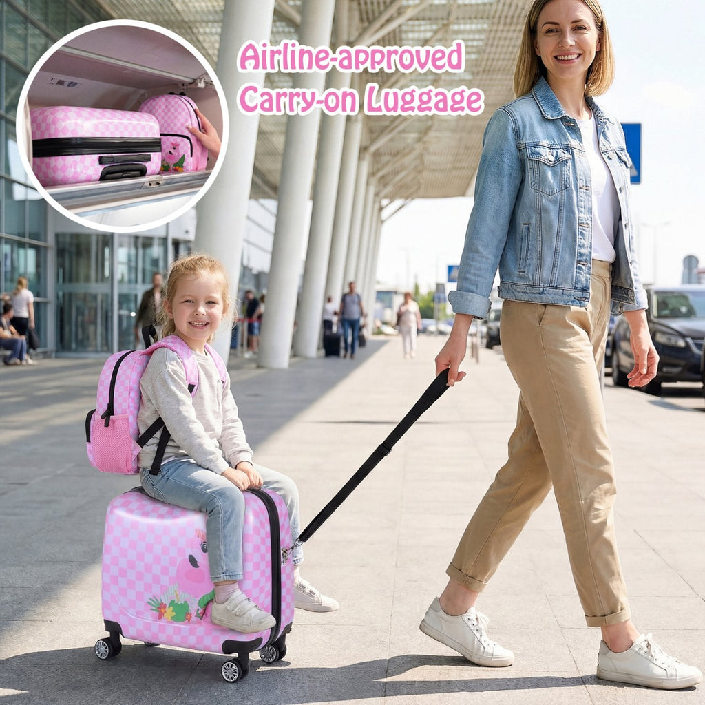 Kids Ride-on Suitcase and Backpack Set with Lanyard for Travel-Pinkandwhite