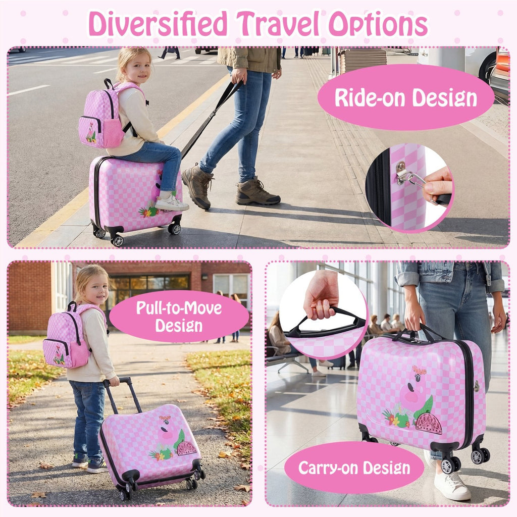 Kids Ride-on Suitcase and Backpack Set with Lanyard for Travel-Pinkandwhite