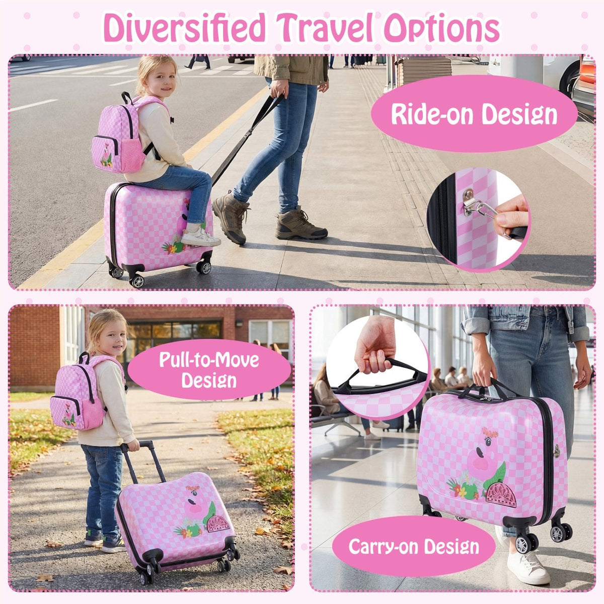 Kids Ride-on Suitcase and Backpack Set with Lanyard for Travel-Pinkandwhite