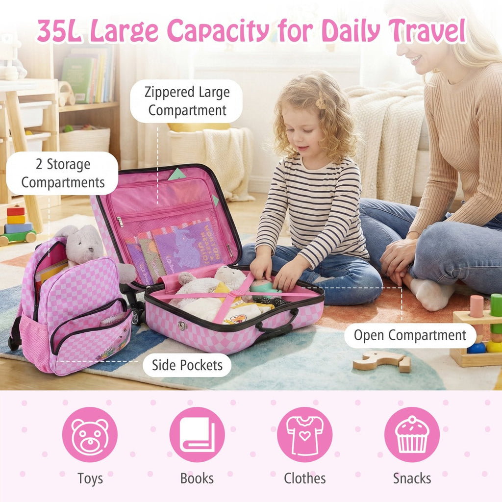 Kids Ride-on Suitcase and Backpack Set with Lanyard for Travel-Pinkandwhite