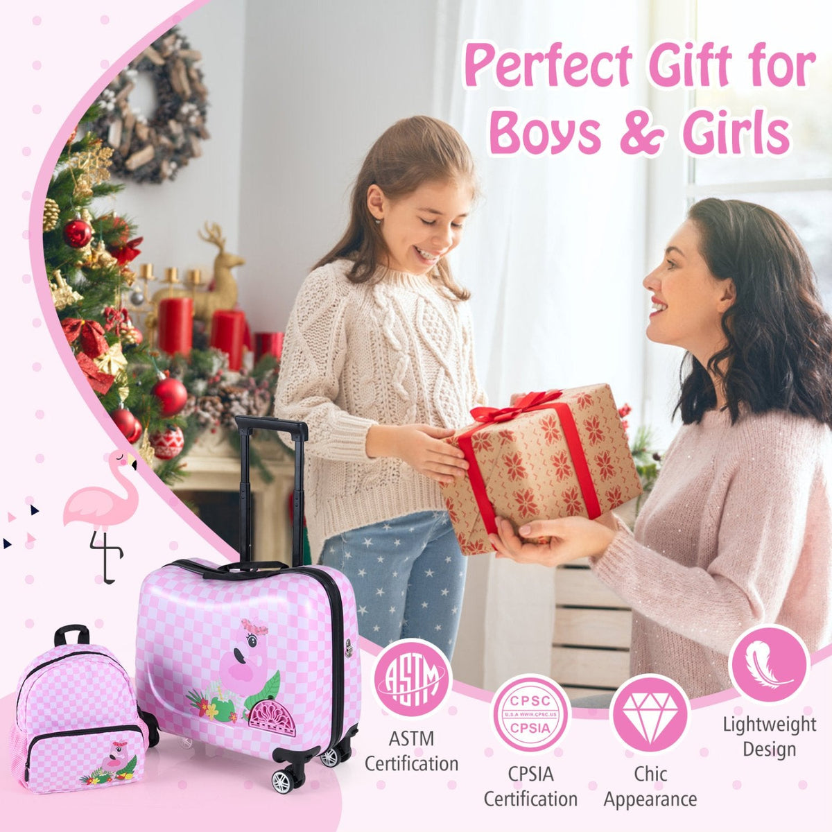 Kids Ride-on Suitcase and Backpack Set with Lanyard for Travel-Pinkandwhite