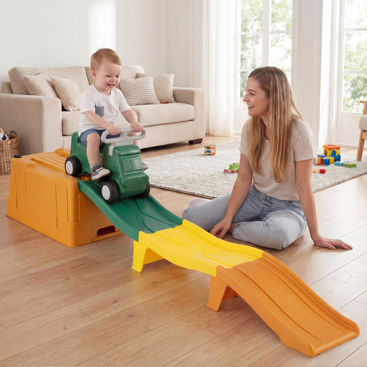Kids Ride on Toy with Storage Box and Downhill Race Tracks-Coffee