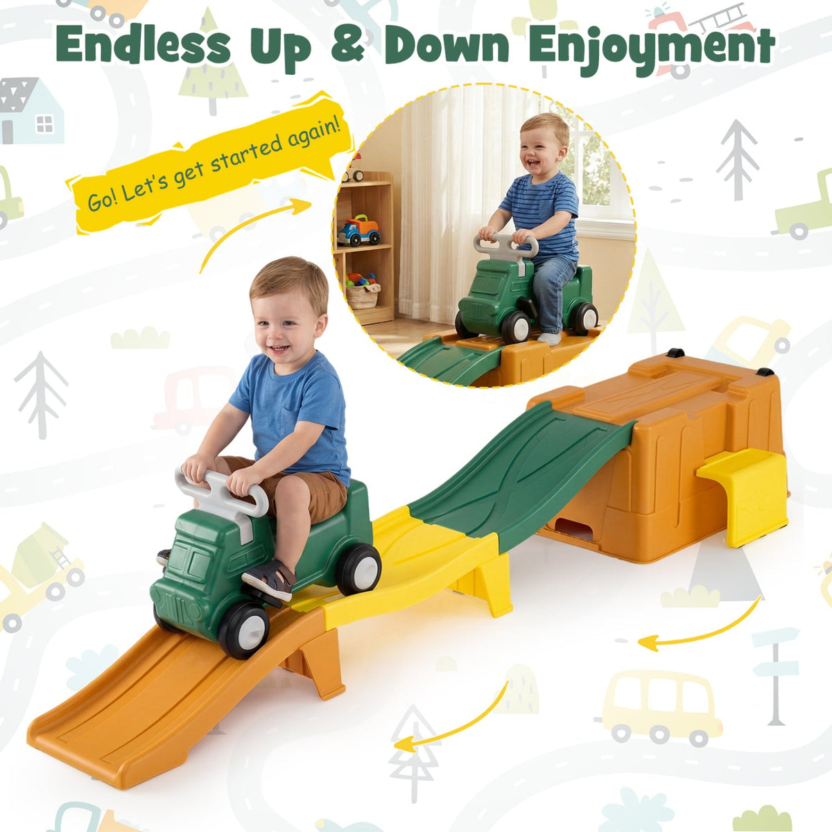 Kids Ride on Toy with Storage Box and Downhill Race Tracks-Coffee