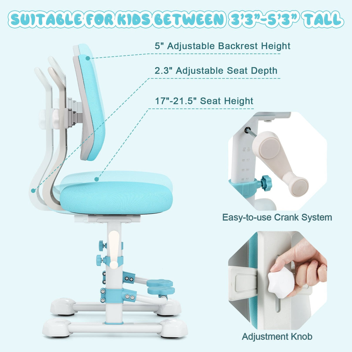 Kids Study Chair with Adjustable Double Backrest and Footrest-Blue