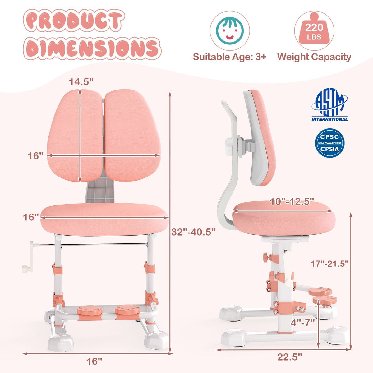 Kids Study Chair with Adjustable Double Backrest and Footrest-Pink