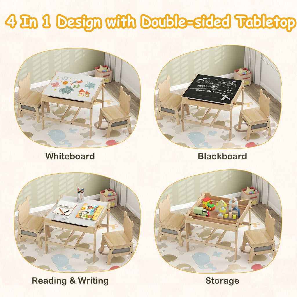 Kids Table and Chairs Set with Reversible Whiteboard-Panda-shaped