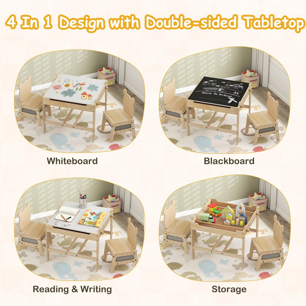 Kids Table and Chairs Set with Reversible Whiteboard-Panda-shaped