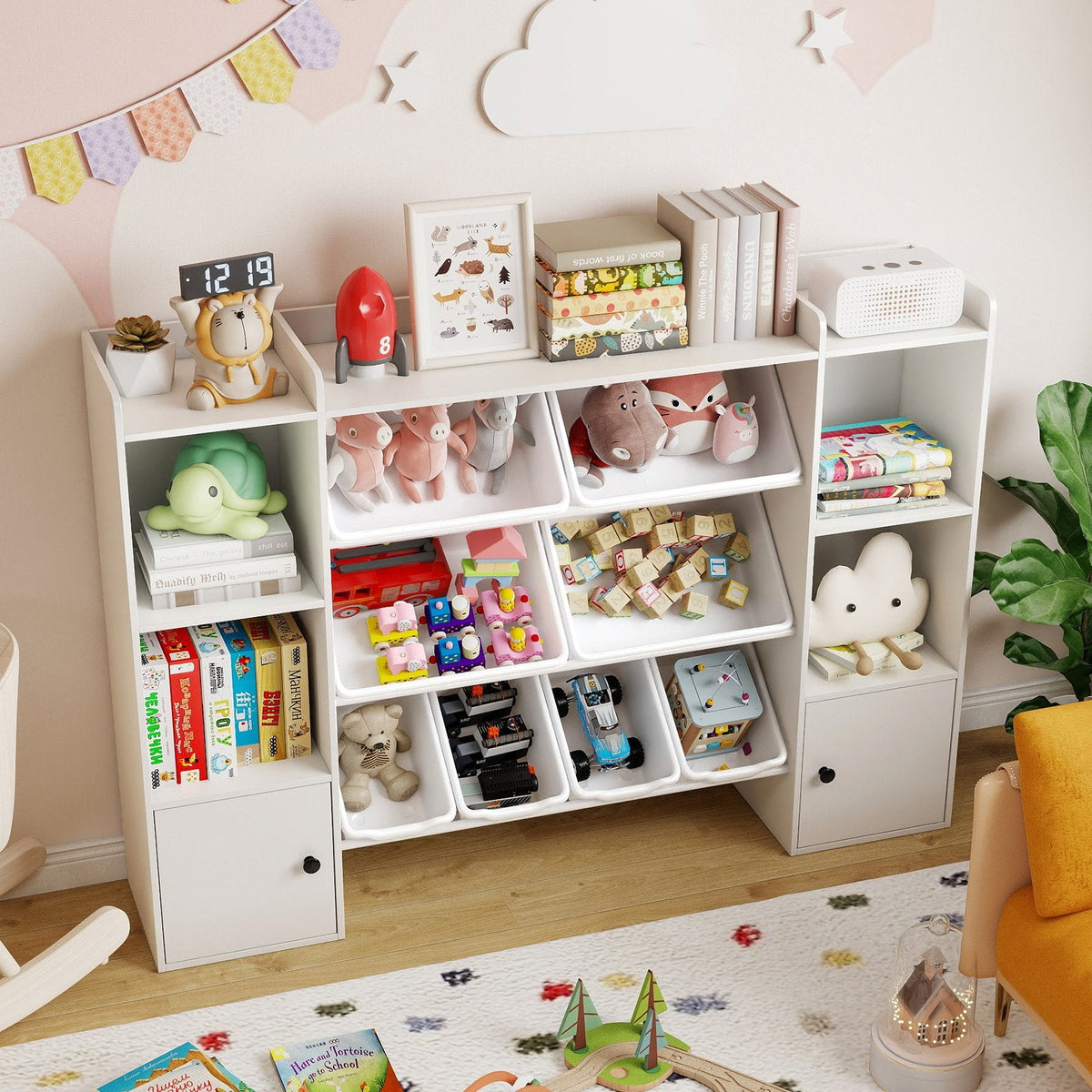 Kids Toy Storage and Bookshelf with Boxes and Open Shelves-White