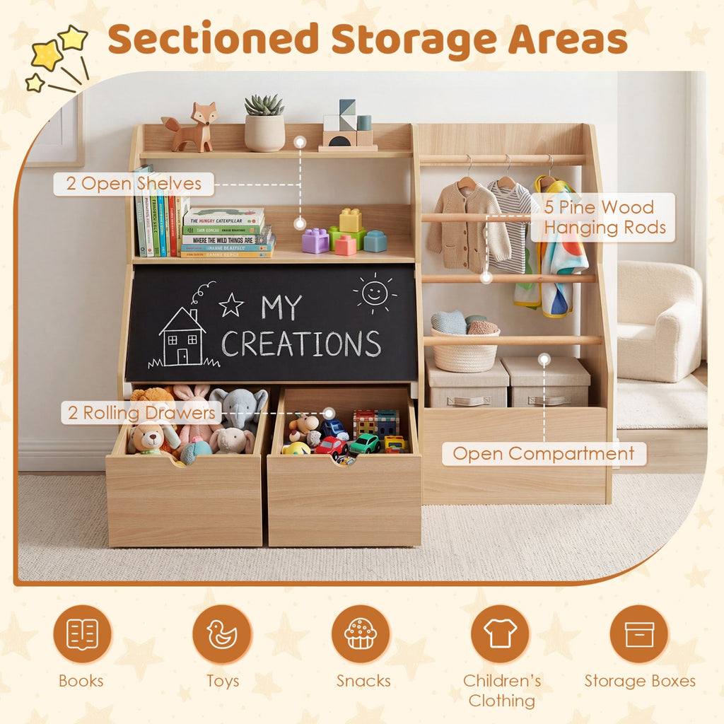 Kids Toy Storage Organizer with Flip-up Blackboard-Natural