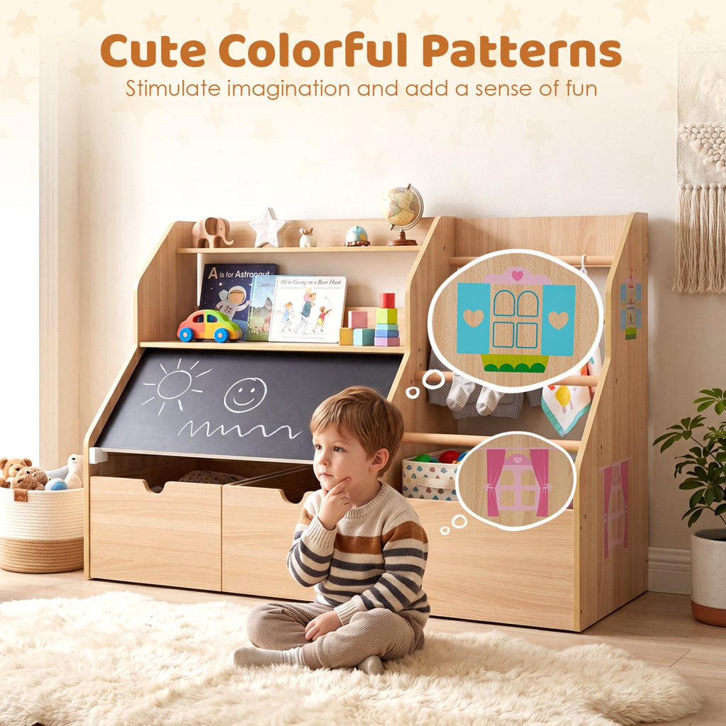 Kids Toy Storage Organizer with Flip-up Blackboard-Natural