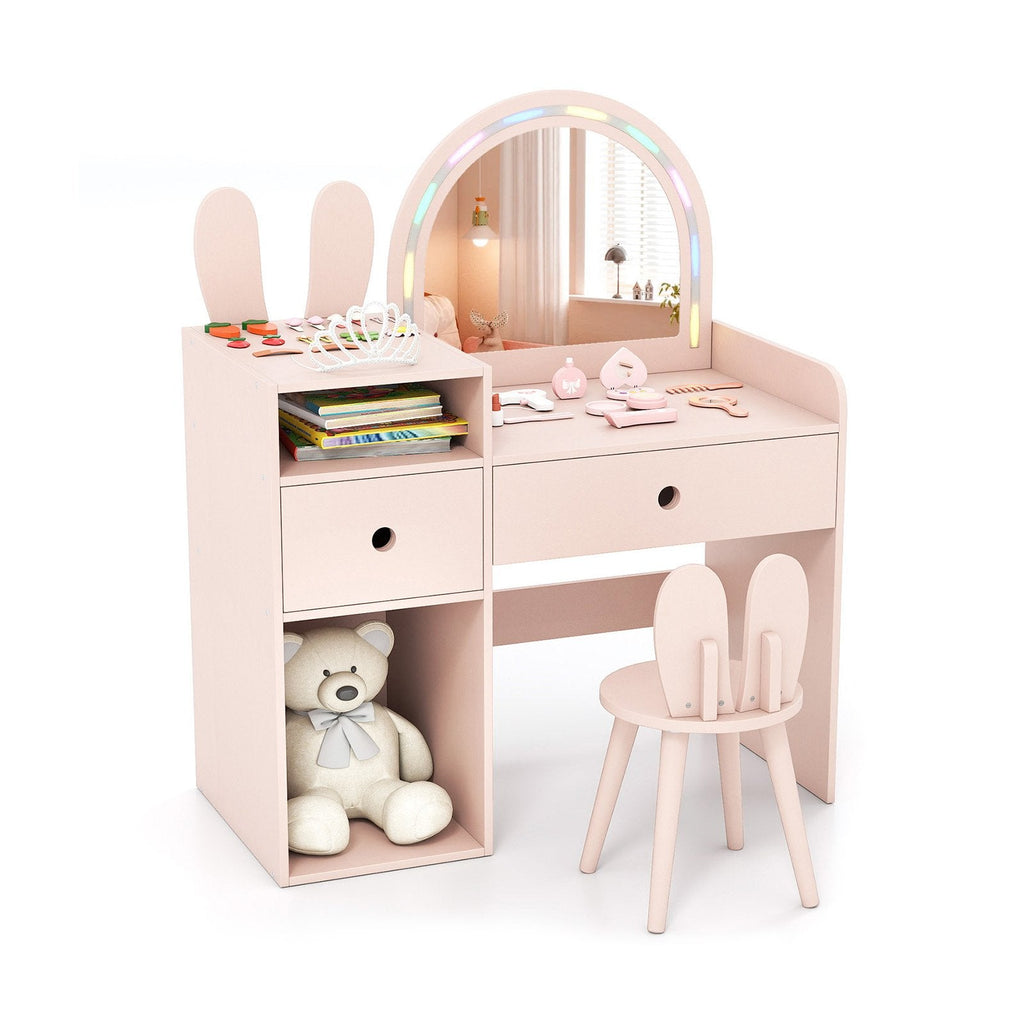 Kids Vanity Desk and Chair Set with Lights, Open Shelves-Pink
