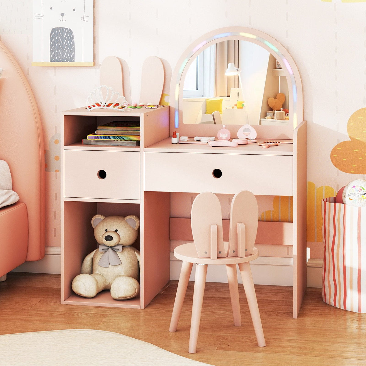 Kids Vanity Desk and Chair Set with Lights, Open Shelves-Pink
