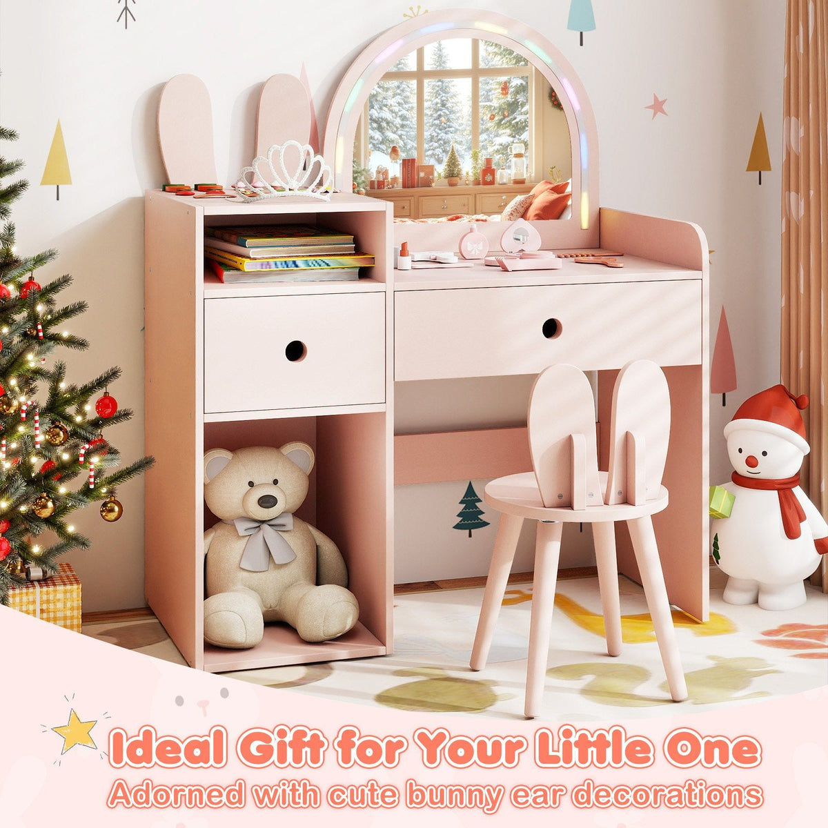 Kids Vanity Desk and Chair Set with Lights, Open Shelves-Pink