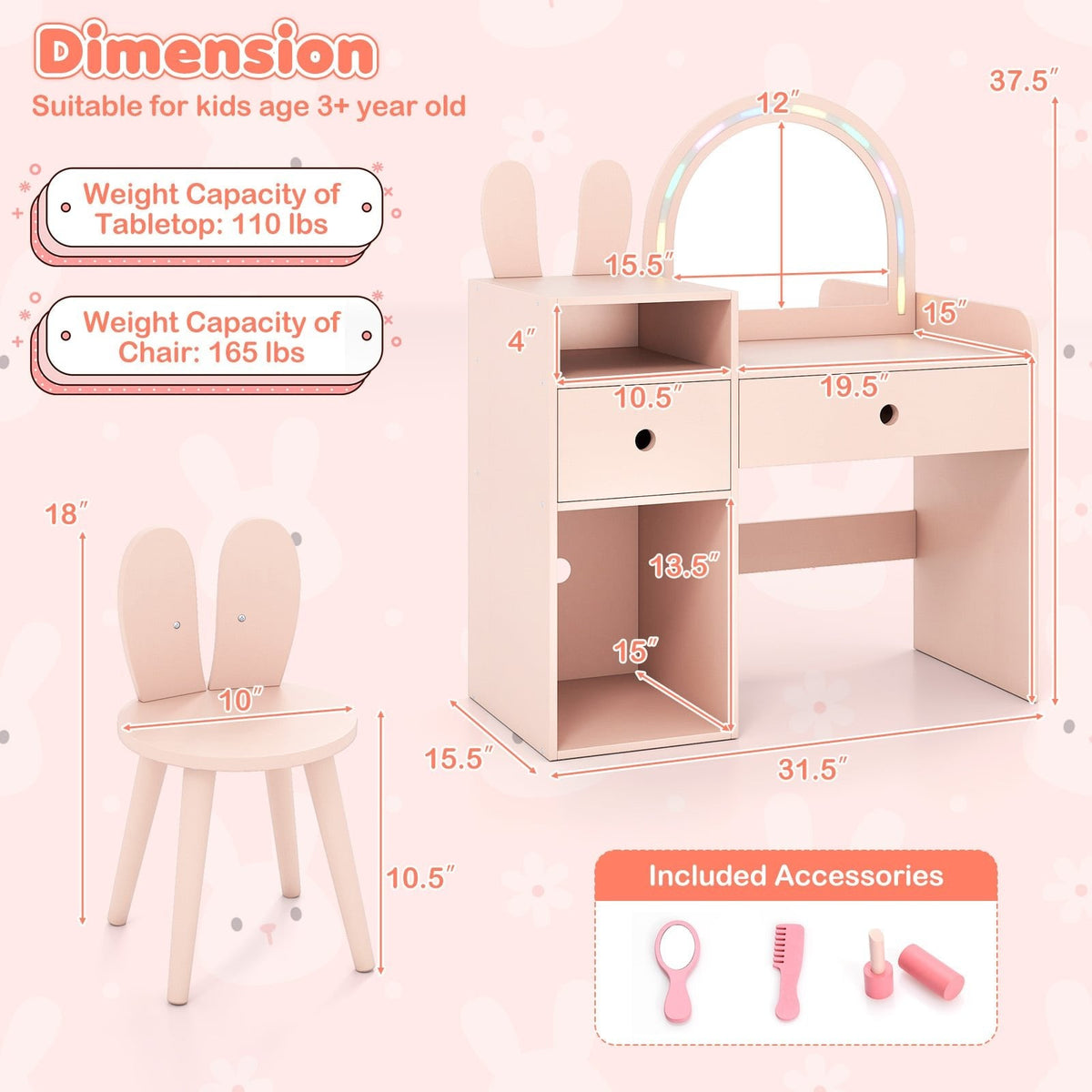 Kids Vanity Desk and Chair Set with Lights, Open Shelves-Pink