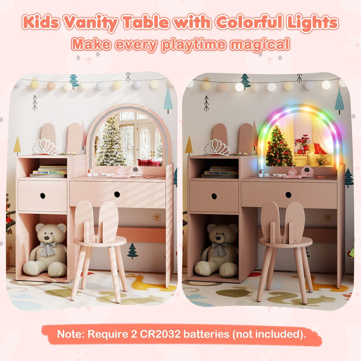 Kids Vanity Desk and Chair Set with Lights, Open Shelves-Pink