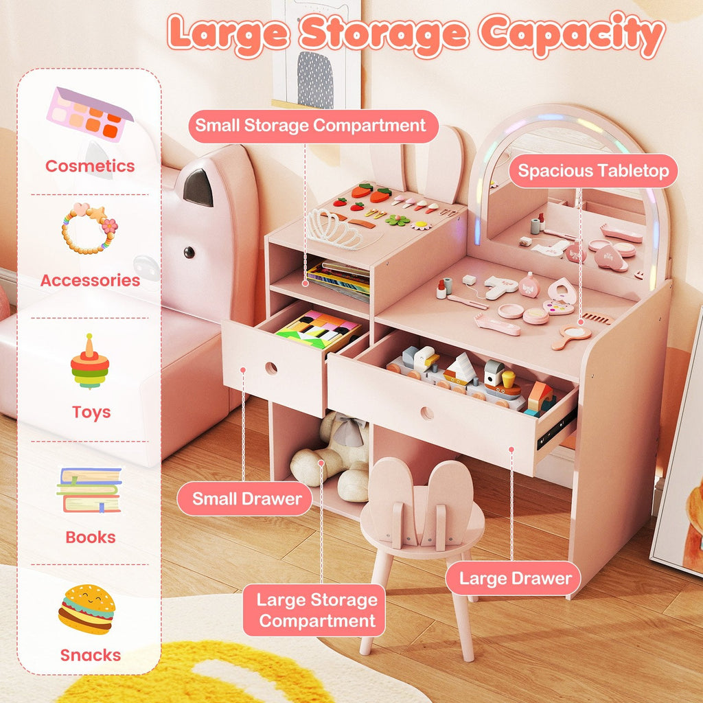 Kids Vanity Desk and Chair Set with Lights, Open Shelves-Pink