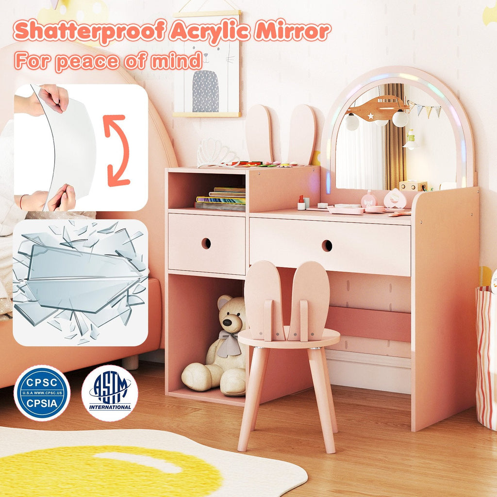 Kids Vanity Desk and Chair Set with Lights, Open Shelves-Pink