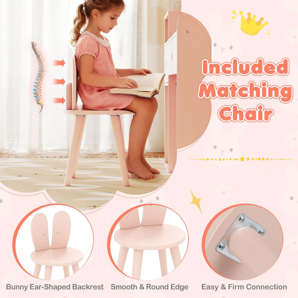 Kids Vanity Desk and Chair Set with Lights, Open Shelves-Pink